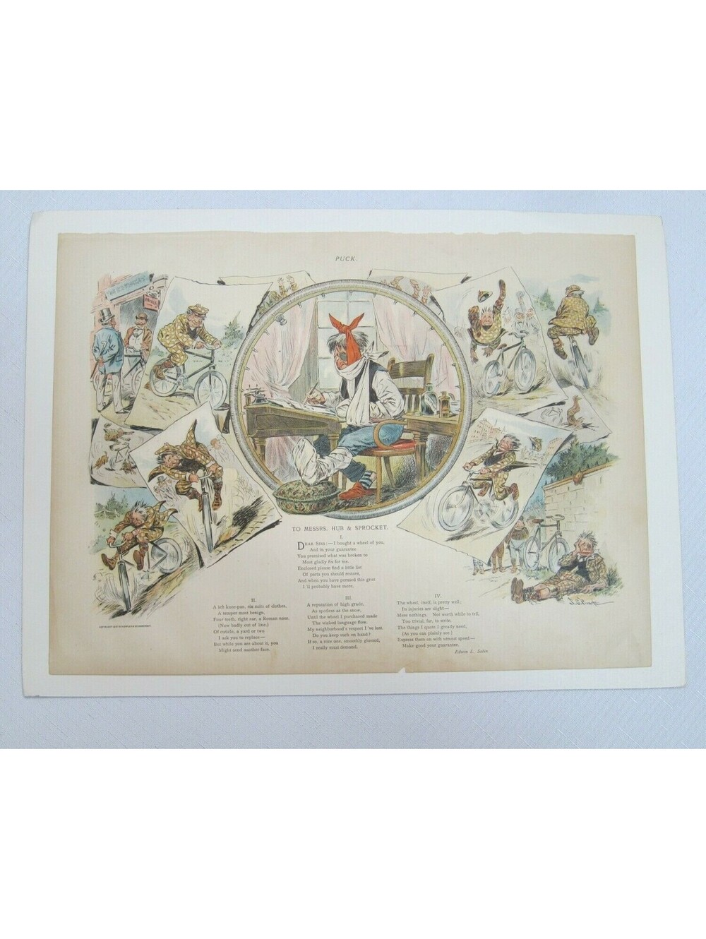 Antique 1897 Puck Magazine Bicycle Cartoon JS Pughe Hub & Sprocket 10x13.5 RARE